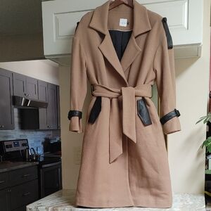 Koshka Mashka Tan Wool Coat Brown Leather Trim Size 38